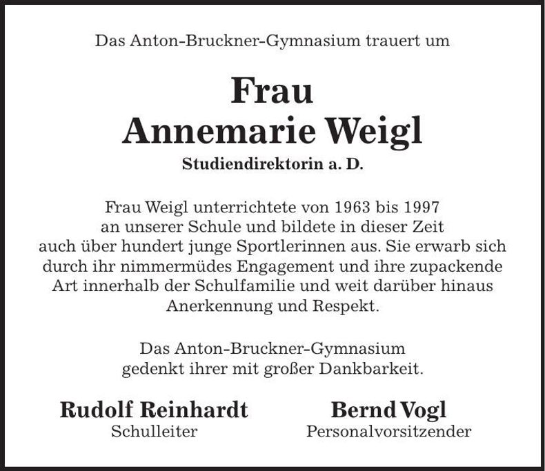 Traueranzeige Annemarie Weigl