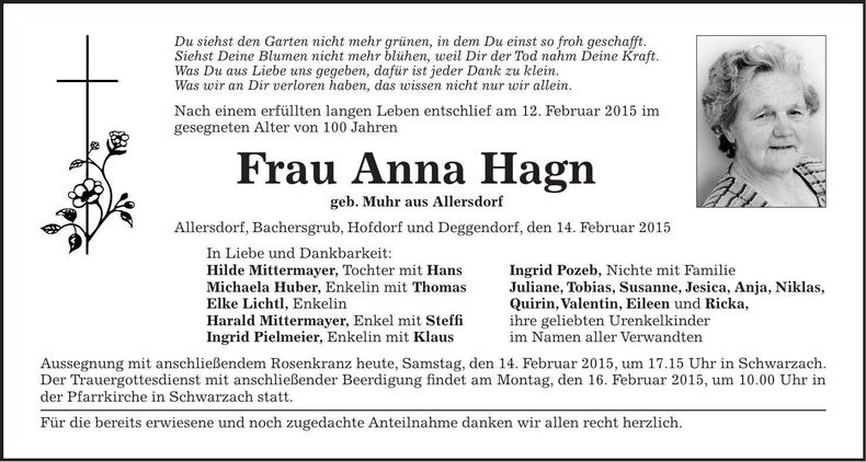 Traueranzeige Anna Hagn