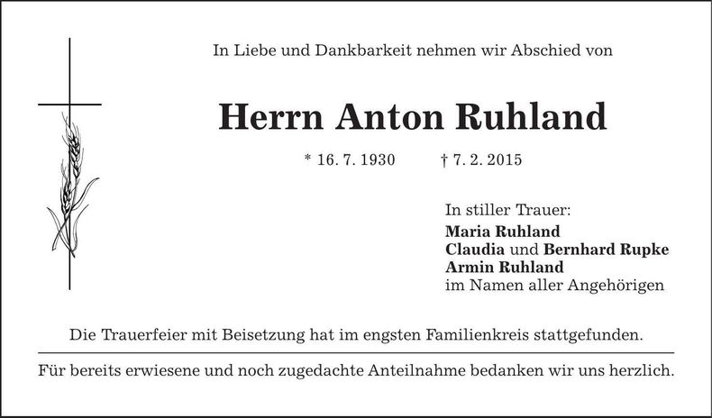 Traueranzeige Anton Ruhland