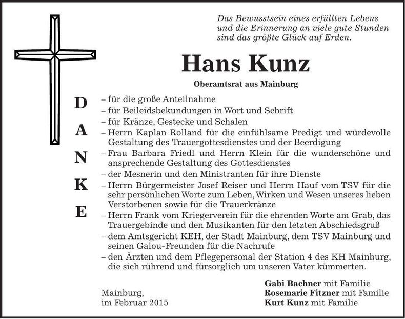 Traueranzeige Hans Kunz