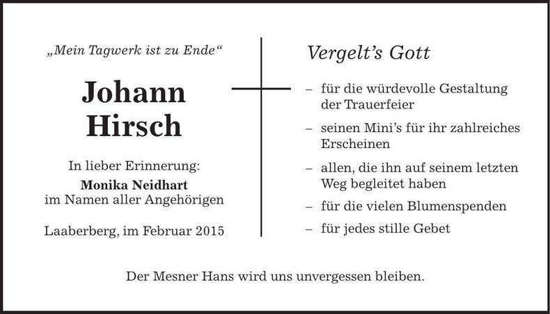 Traueranzeige Johann Hirsch