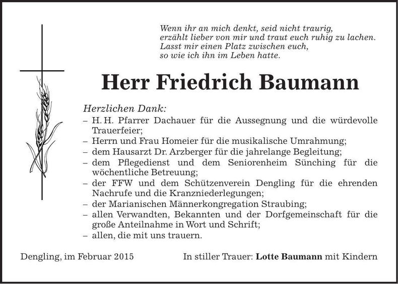 Traueranzeige Friedrich Baumann