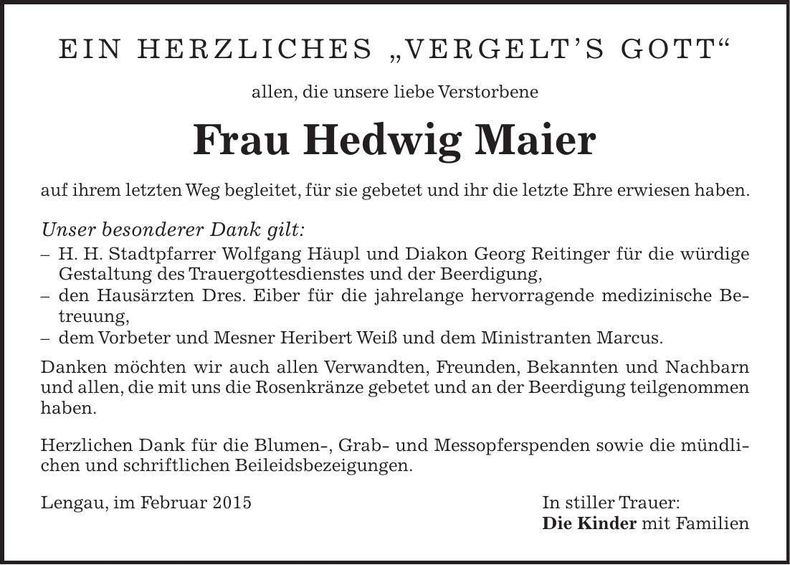 Traueranzeige Hedwig Maier