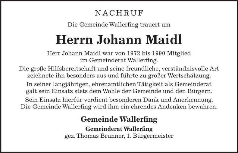 Traueranzeige Johann Maidl