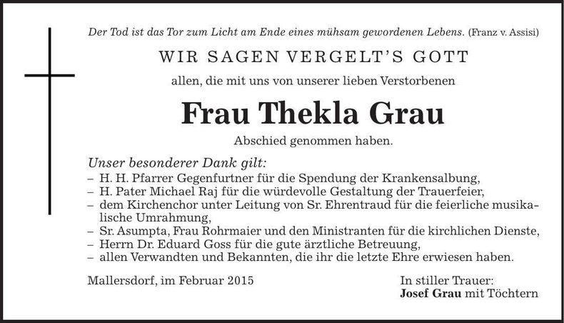 Traueranzeige Thekla Grau
