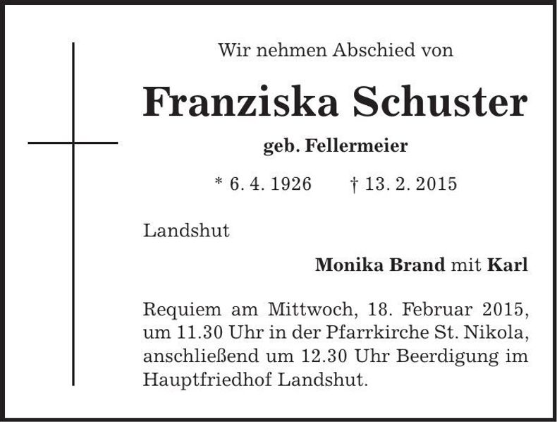 Traueranzeige Franziska Schuster