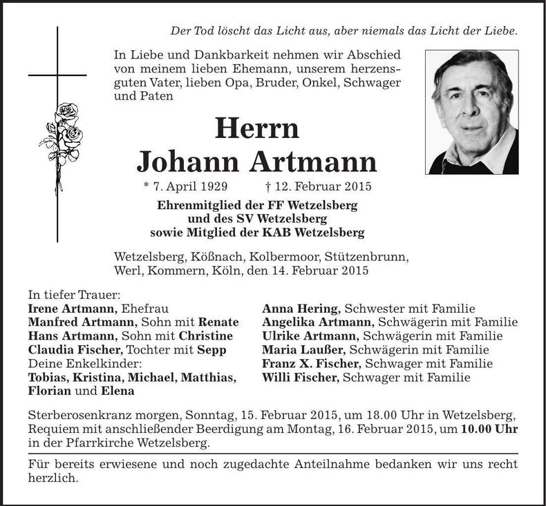 Traueranzeige Johann Artmann
