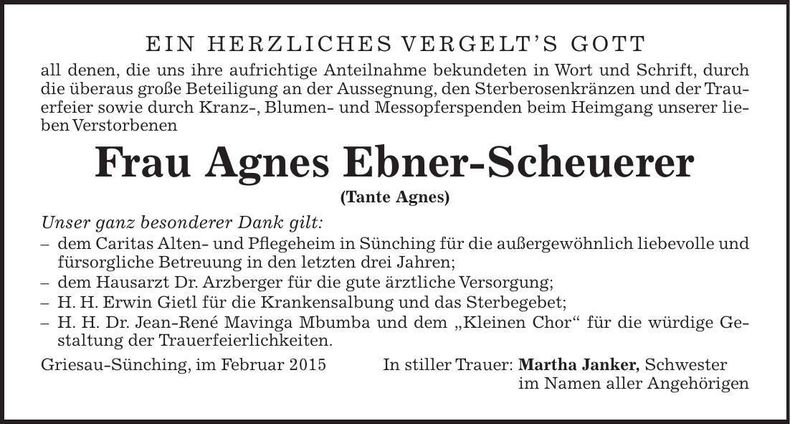 Traueranzeige Agnes Ebner-Scheuerer