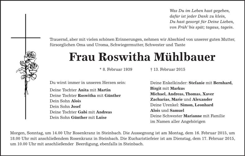 Traueranzeige Roswitha Mühlbauer