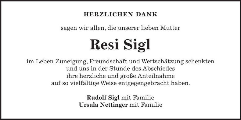 Traueranzeige Resi Sigl