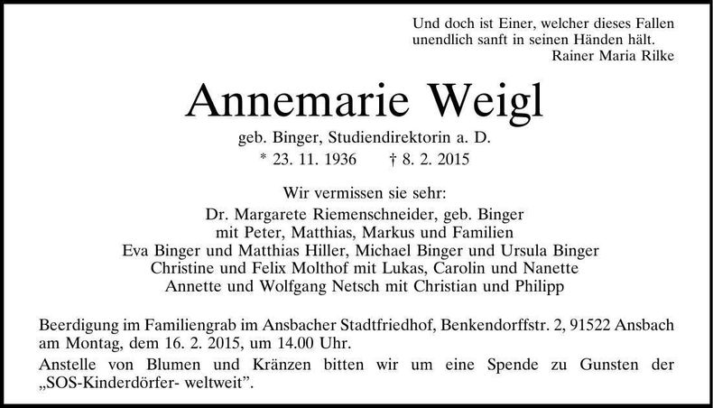 Traueranzeige Annemarie Weigl