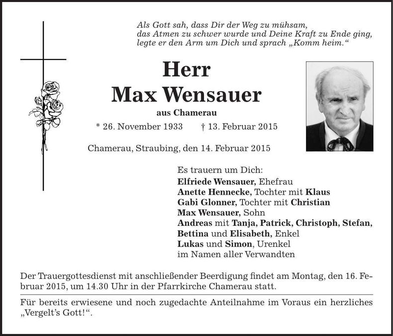 Traueranzeige Max Wensauer
