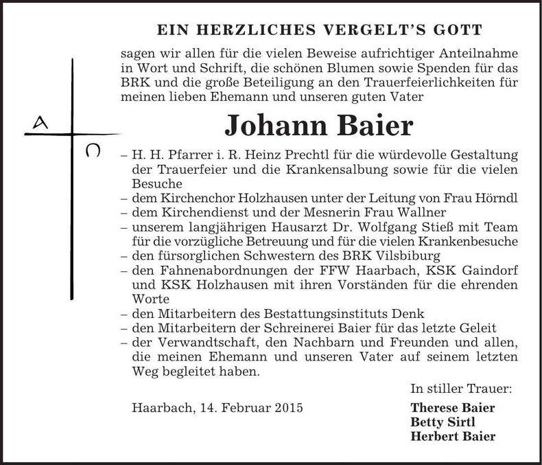 Traueranzeige Johann Baier