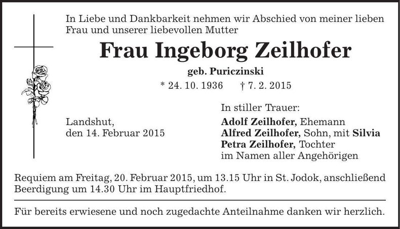 Traueranzeige Ingeborg Zeilhofer