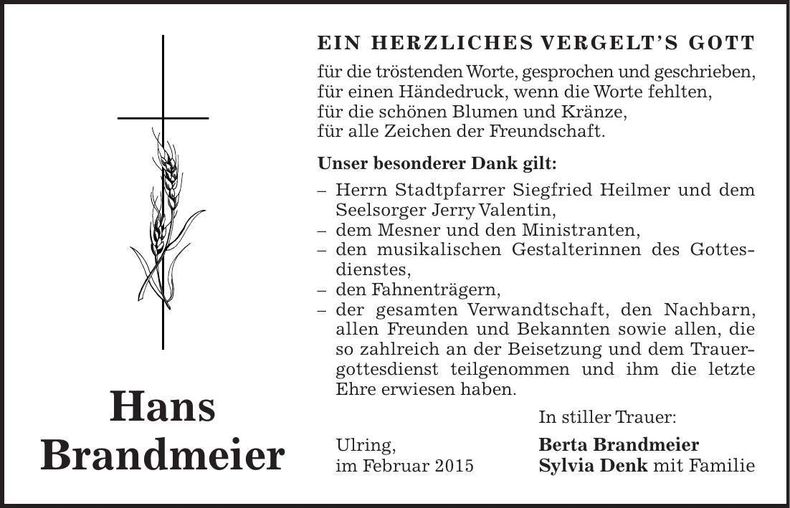Traueranzeige Hans Brandmeier