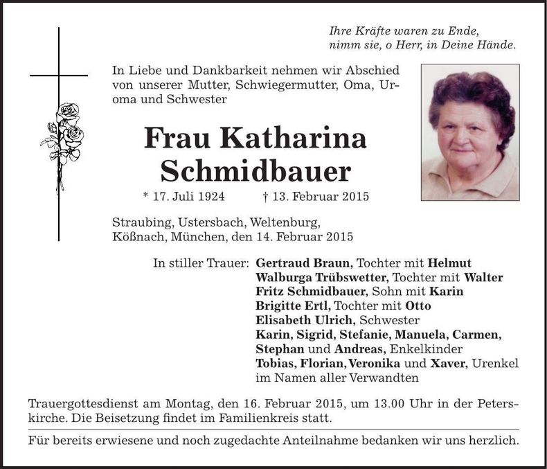 Traueranzeige Katharina Schmidbauer