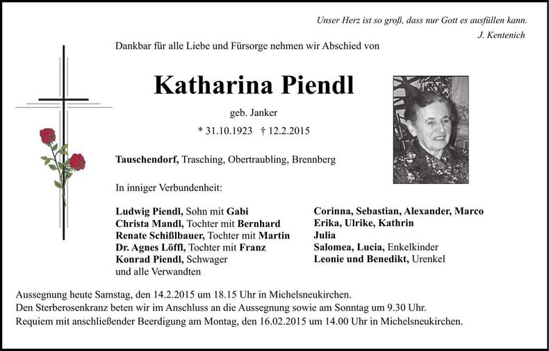 Traueranzeige Katharina Piendl