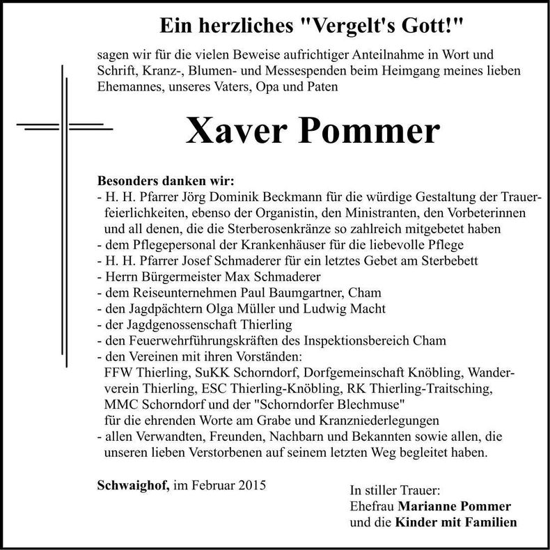 Traueranzeige Xaver Pommer