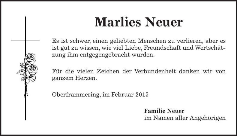 Traueranzeige Marlies Neuer