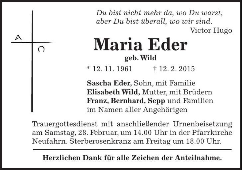 Traueranzeige Maria Eder