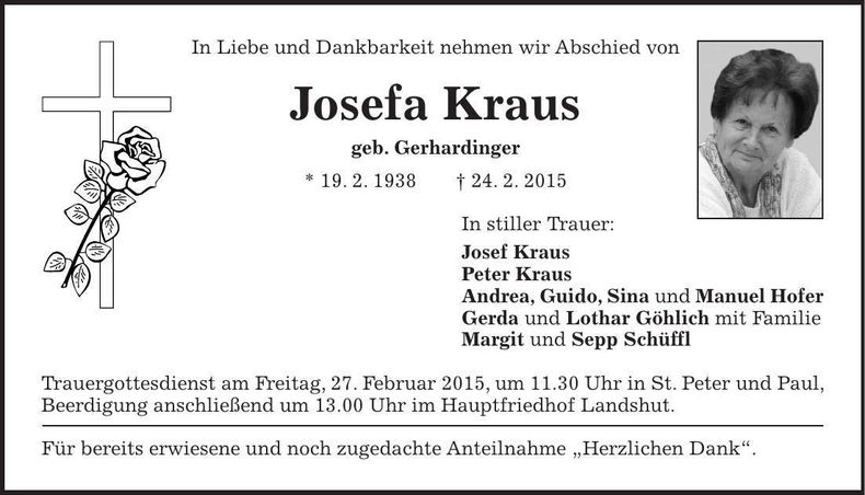 Traueranzeige Josefa Kraus
