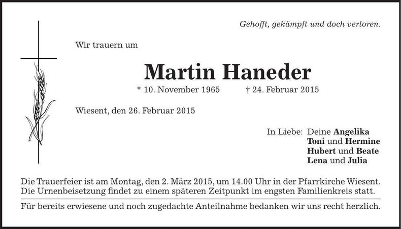 Traueranzeige Martin Haneder