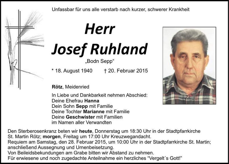 Traueranzeige Josef Ruhland