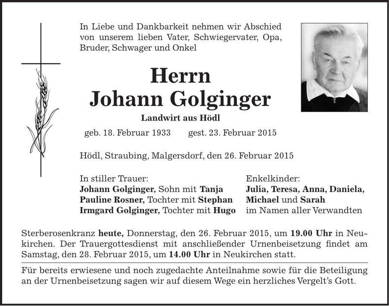 Traueranzeige Johann Golginger