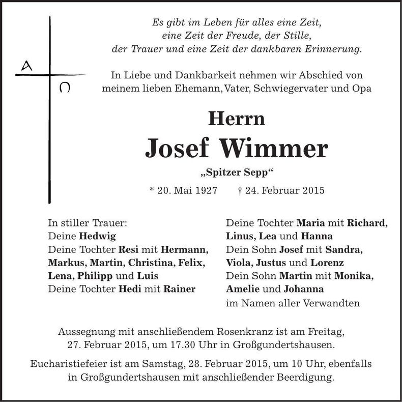 Traueranzeige Josef Wimmer