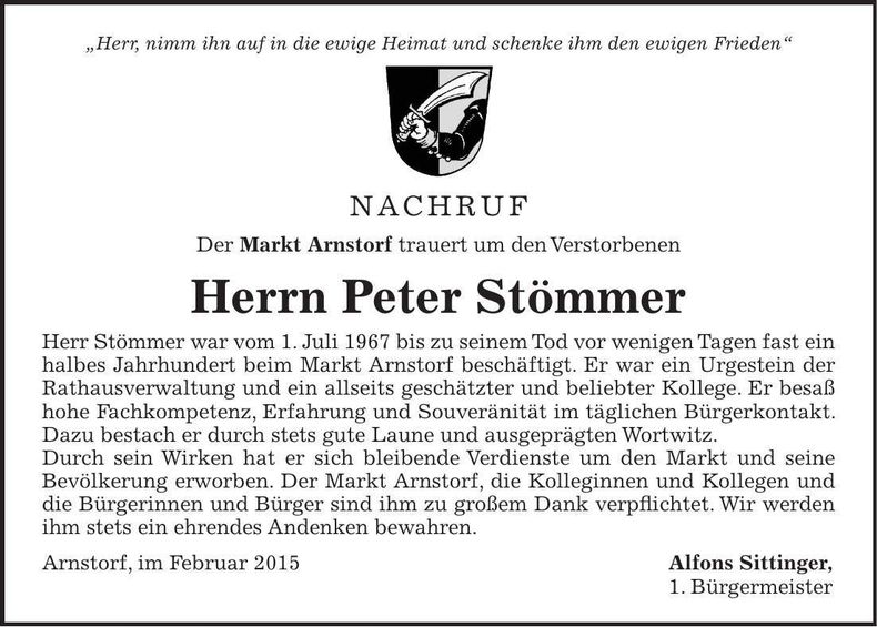 Traueranzeige Peter Stömmer