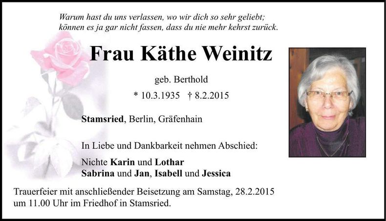 Traueranzeige Käthe Weinitz