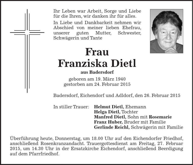 Traueranzeige Franziska Dietl