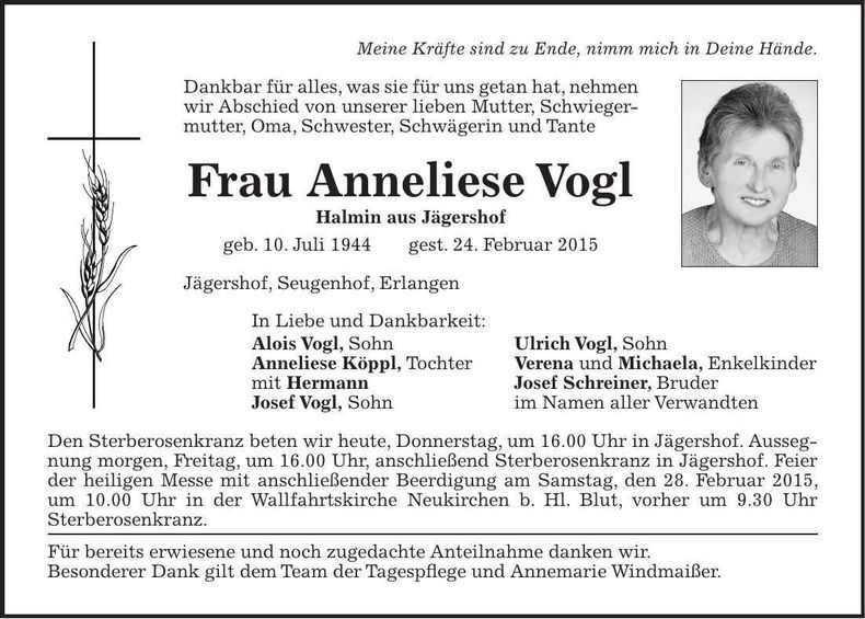 Traueranzeige Anneliese Vogl
