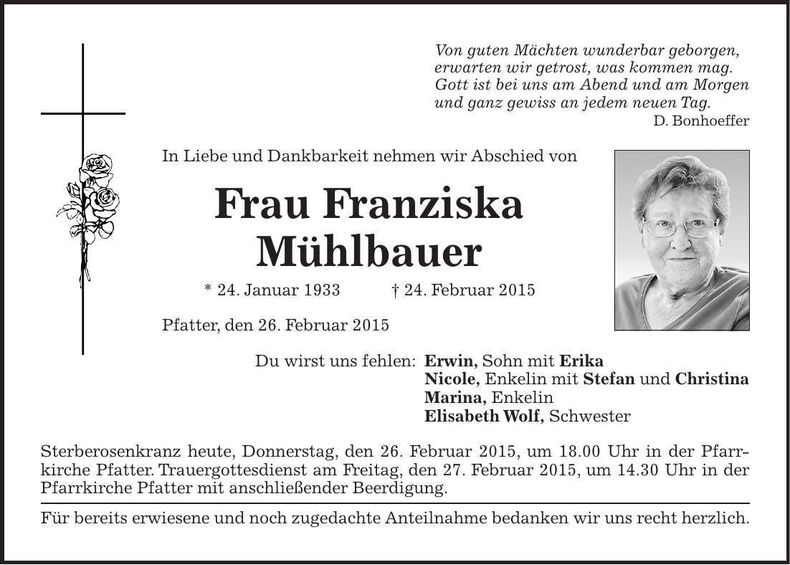 Traueranzeige Franziska Mühlbauer