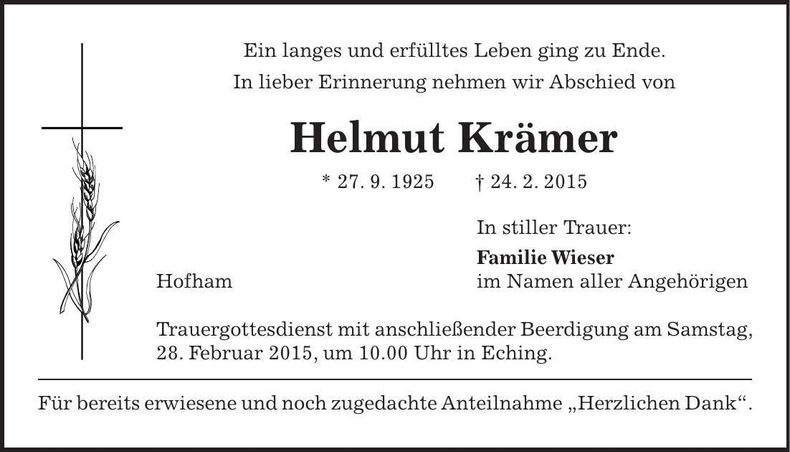 Traueranzeige Helmut Krämer