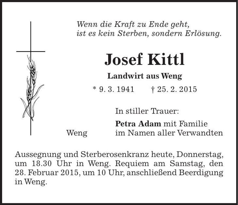 Traueranzeige Josef Kittl