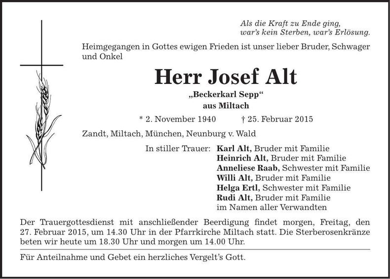 Traueranzeige Josef Alt