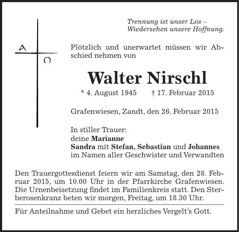 Traueranzeige Nirschl Walter