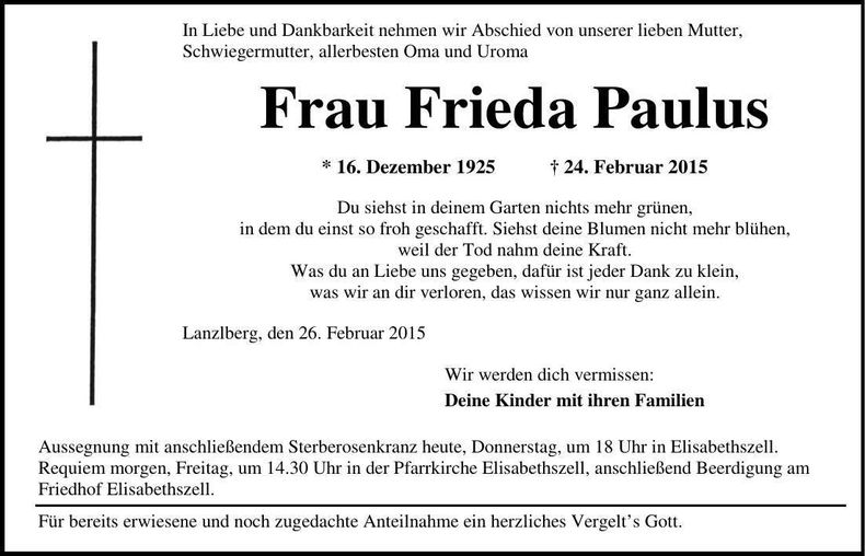 Traueranzeige Frieda Paulus