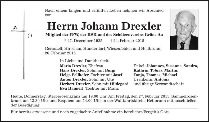 Traueranzeige Johann Drexler
