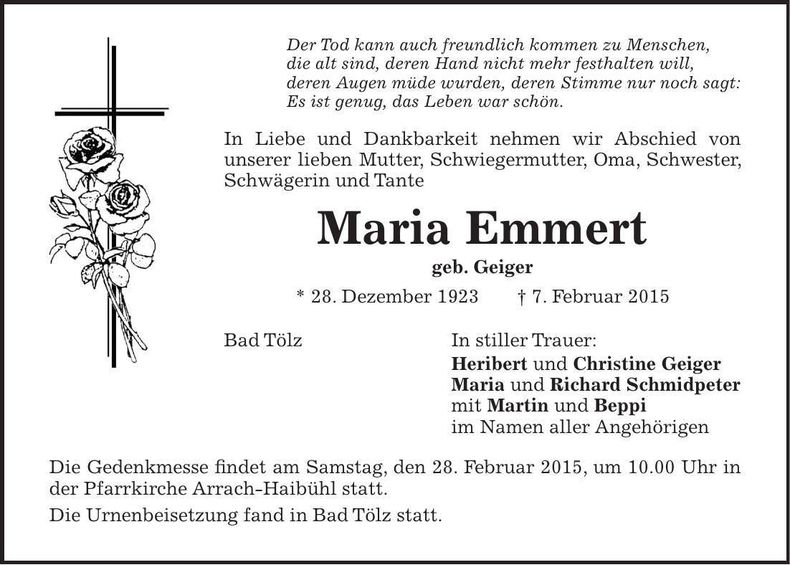 Traueranzeige Maria Emmert
