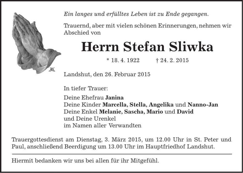 Traueranzeige Stefan Sliwka