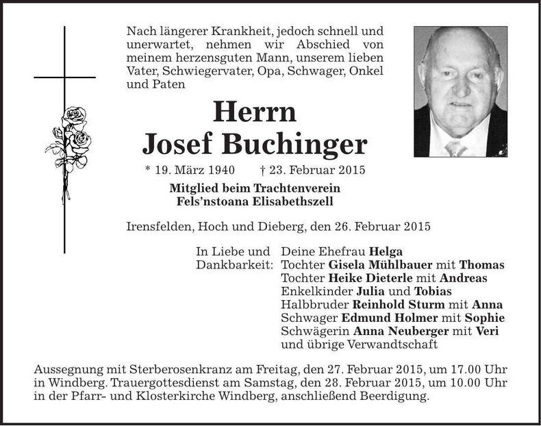 Traueranzeige Josef Buchinger