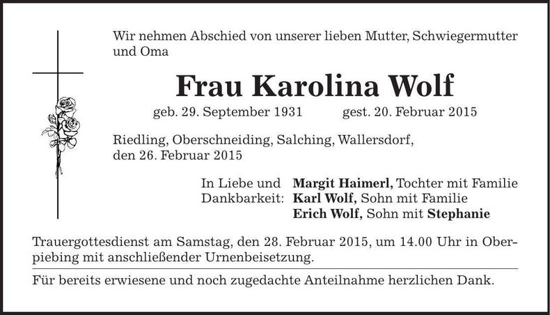 Traueranzeige Karolina Wolf