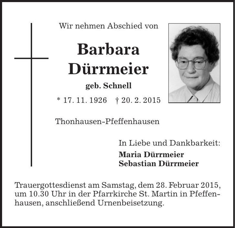 Traueranzeige Barbara Dürrmeier