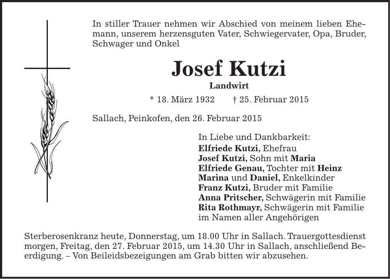 Traueranzeige Josef Kutzi