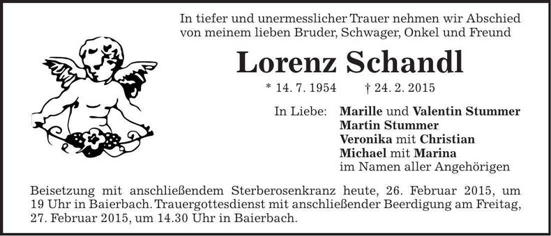Traueranzeige Lorenz Schandl