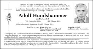 Traueranzeige Adolf Hundshammer
