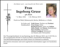 Traueranzeige Ingeborg Gruse