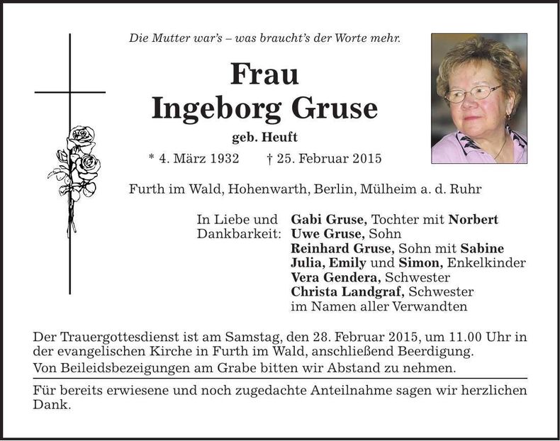 Traueranzeige Ingeborg Gruse